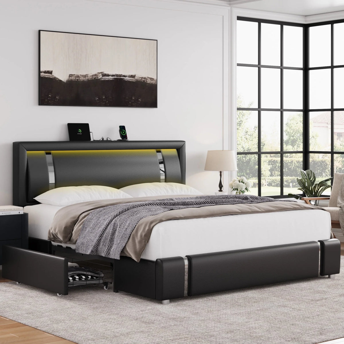White Queen Size LED Bed Frame with 2 Storage Drawers E514