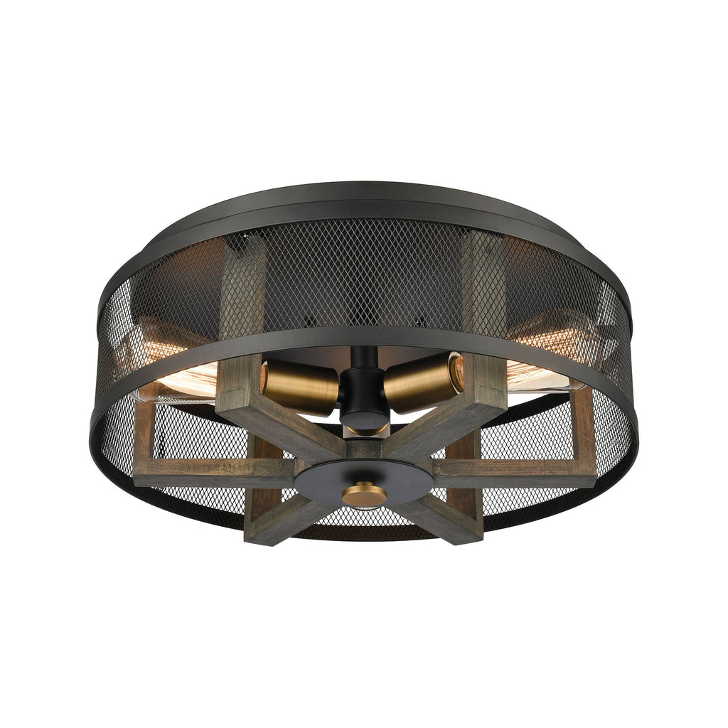 3-Light Flush Mount in Weathered Oak and Aged Brass with Matte Black Metal X389978