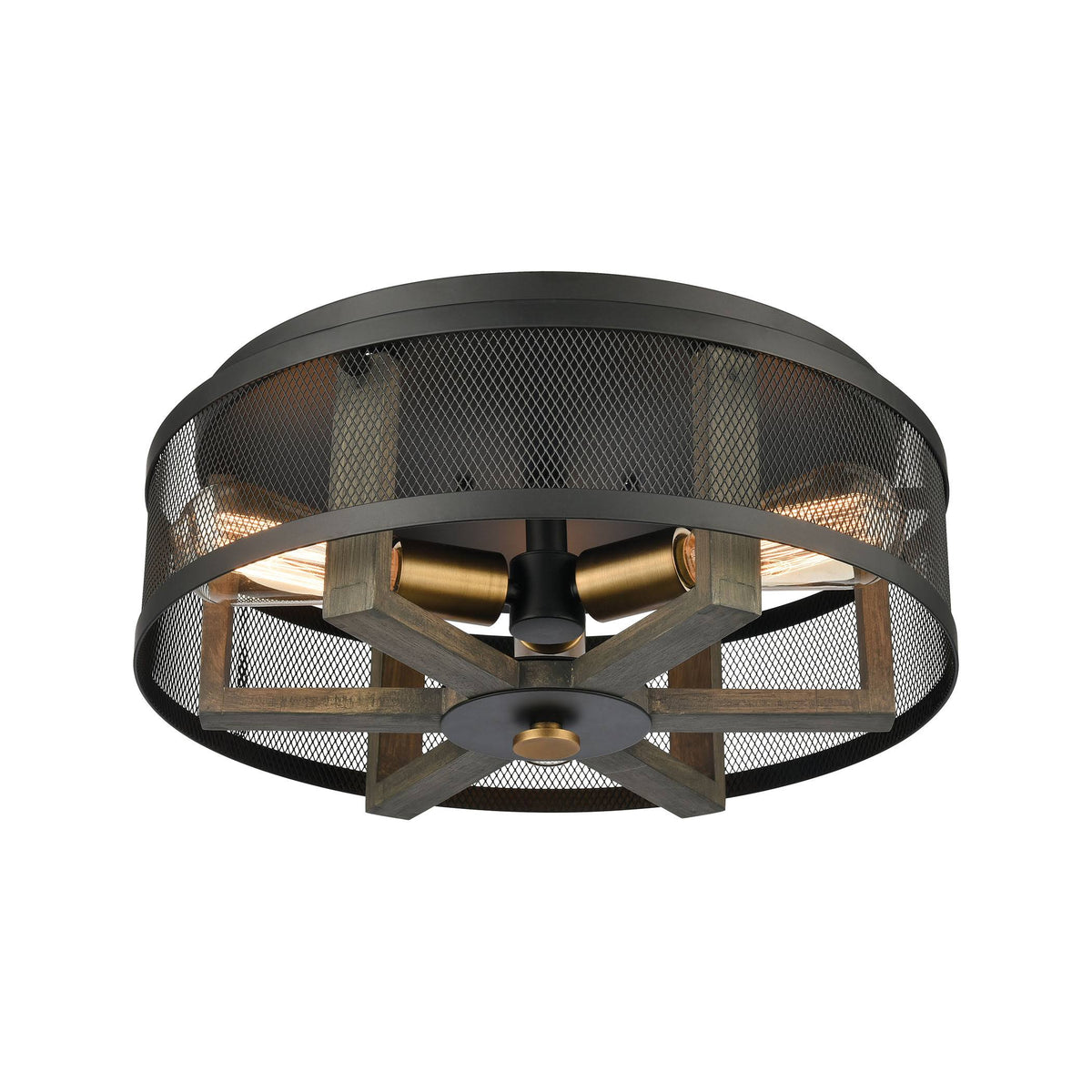 3-Light Flush Mount in Weathered Oak and Aged Brass with Matte Black Metal X389978