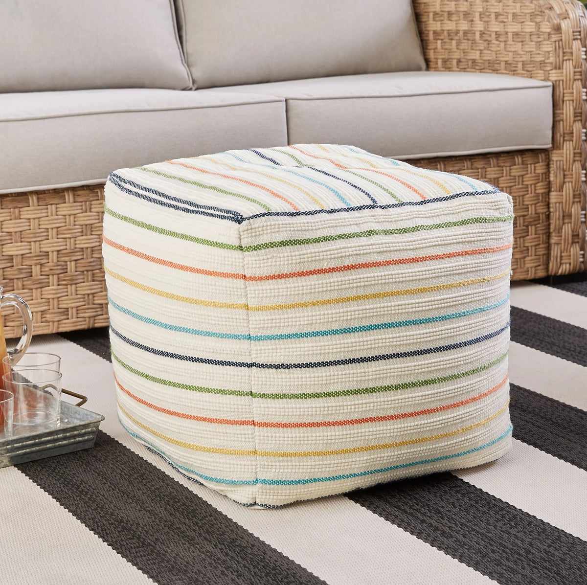 Stripe Outdoor Pouf, 16", Multi-Color U251401