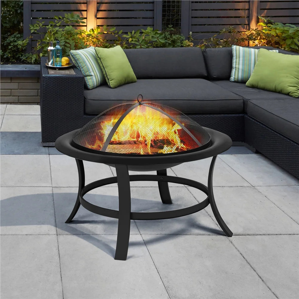 Black Iron Fire Pit with Spark Screen and Wood Grate V395