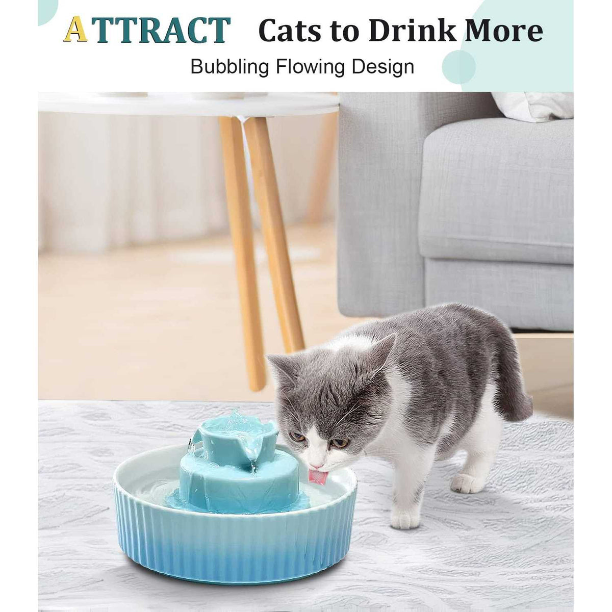 Ceramic Cat Water Fountain, 2.1 L Drinking Fountain Bowl N31396