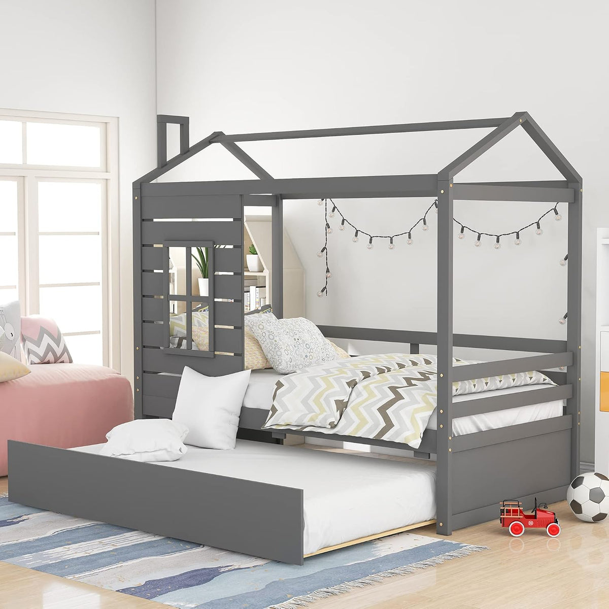 White Twin House Shape Wooden Floor Bed with Trundle C67920