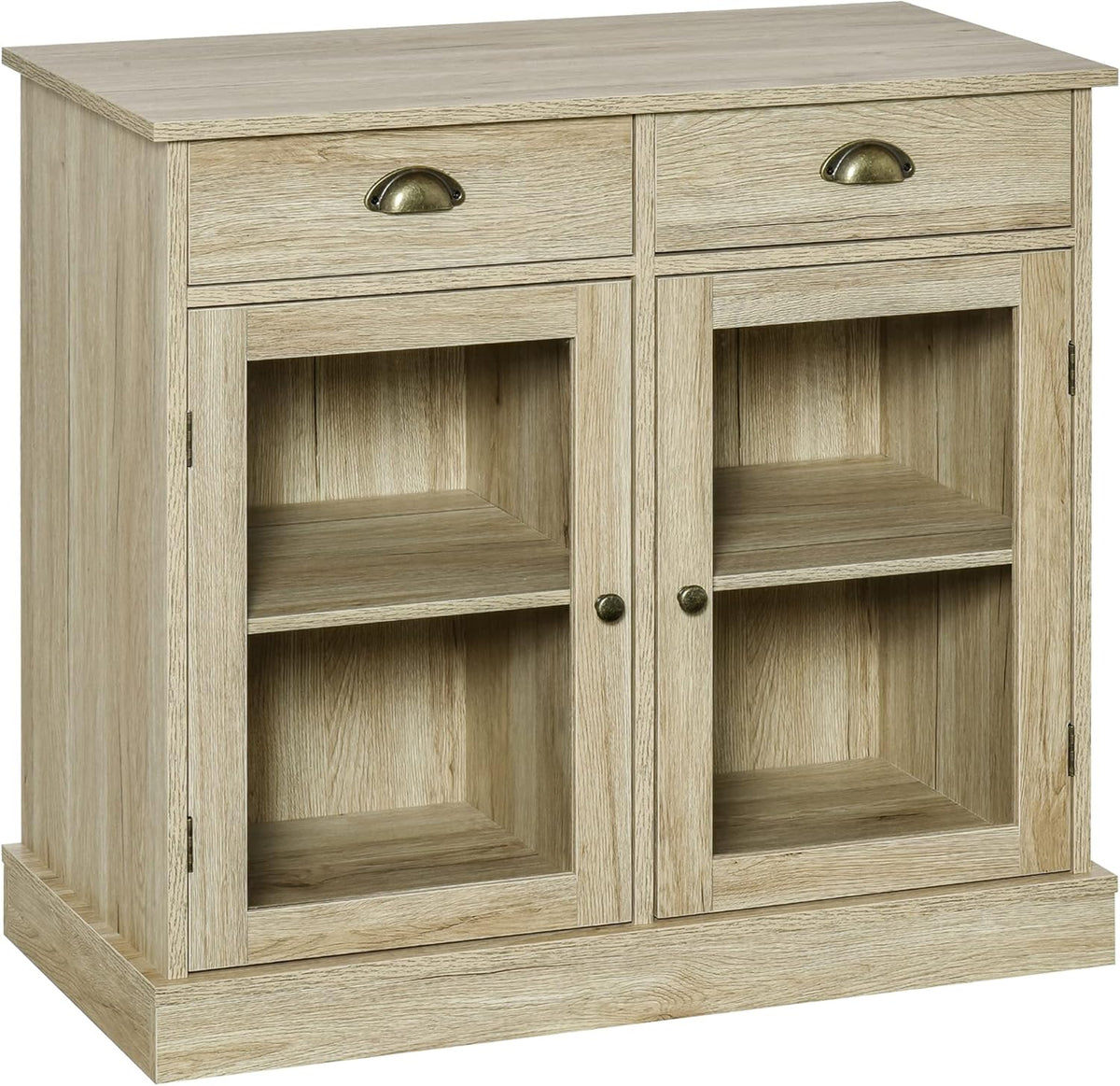 Rustic Oak Sideboard Storage Cabinet with 2 Glass Doors and 2 Drawers F39890
