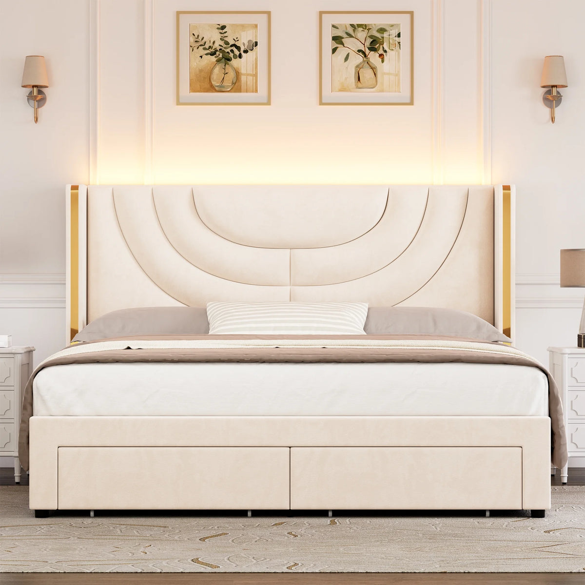Full Size Velvet Upholstered Platform Bed Frame with 2 Drawers O860