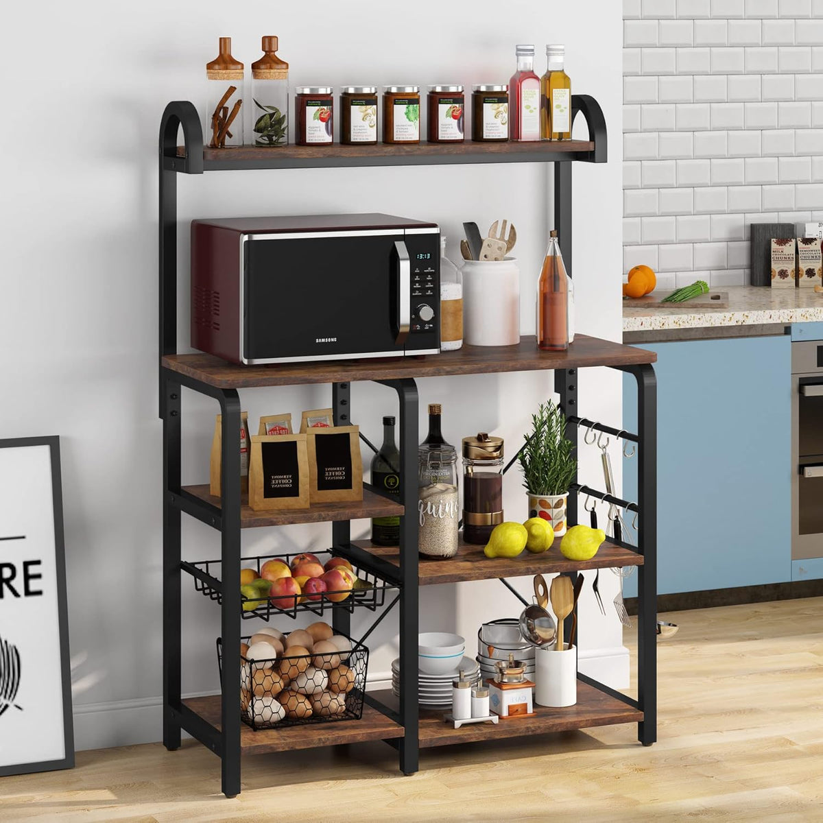 White Industrial Kitchen Cart with Wire Basket and 6 Hooks A1497