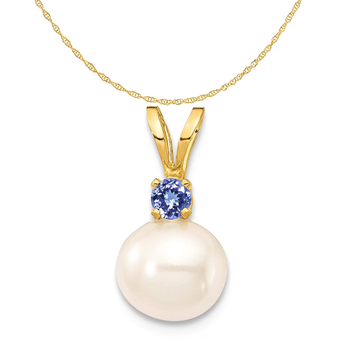 14K Yellow Gold Fresh-Water-Cultured Pearl Tanzanite Pendant Charm with Rope Chain Necklace 16'' Z476566