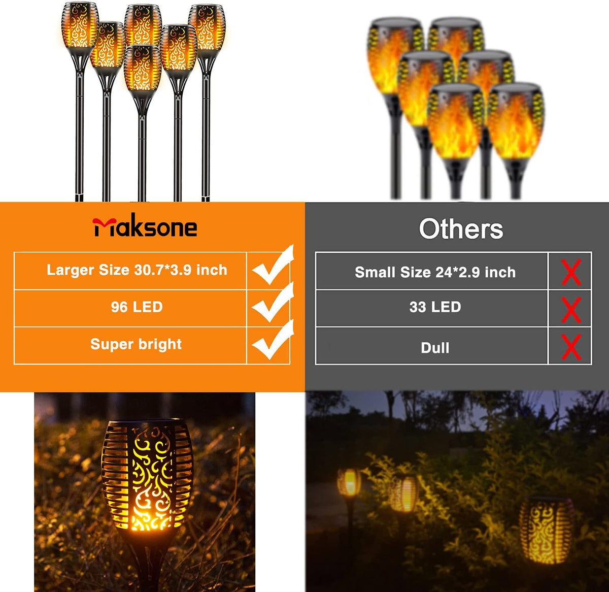 6 Pack Solar Outdoor Lights 96 LED Flickering Flames Waterproof B30342