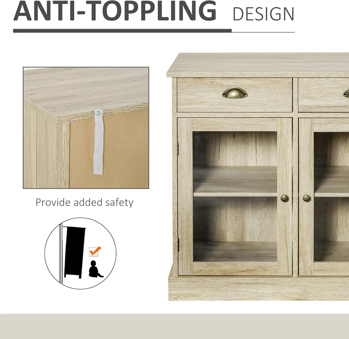 Rustic Oak Sideboard Storage Cabinet with 2 Glass Doors and 2 Drawers F39890