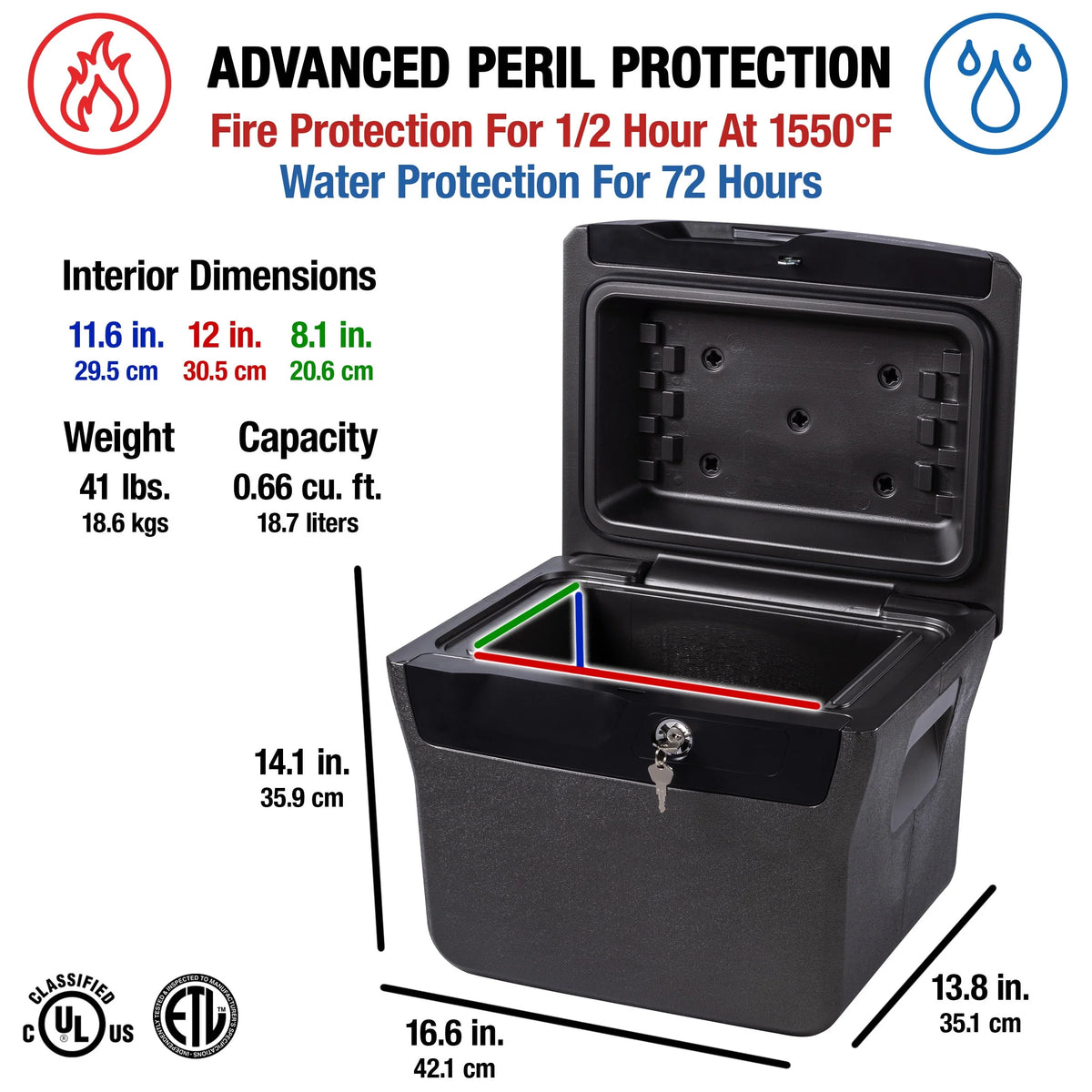 Fire-Resistant Water-Resistant File Safe Box with Key Lock 0.66 Cu. ft. W27797