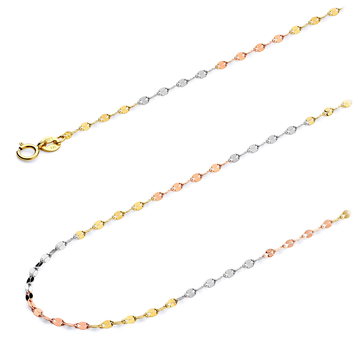 14k Tri 3 Color Gold Polished Solid 1.7mm Twisted Mirror Chain Necklace with Spring Ring Clasp - 20" K713656
