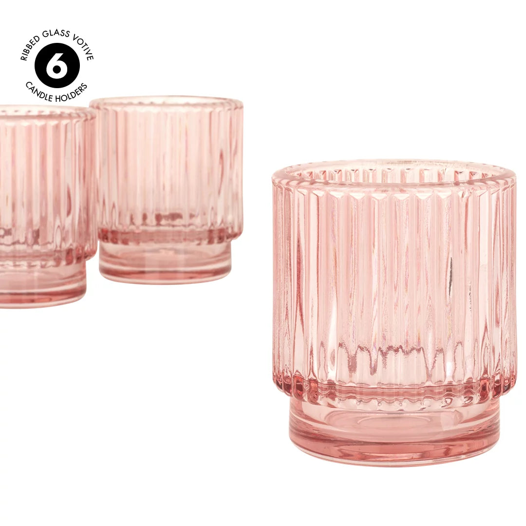Blush Pink Ribbed Glass Votive Candle Holders, Pack of 6 I6042