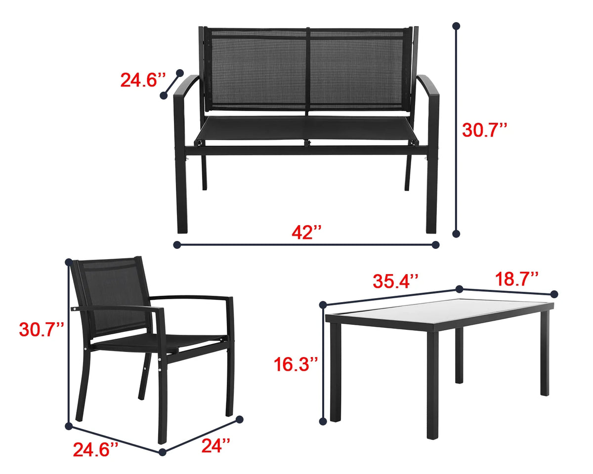 4 Piece Patio Conversation Set with Tempered Glass Tabletop Black X59753