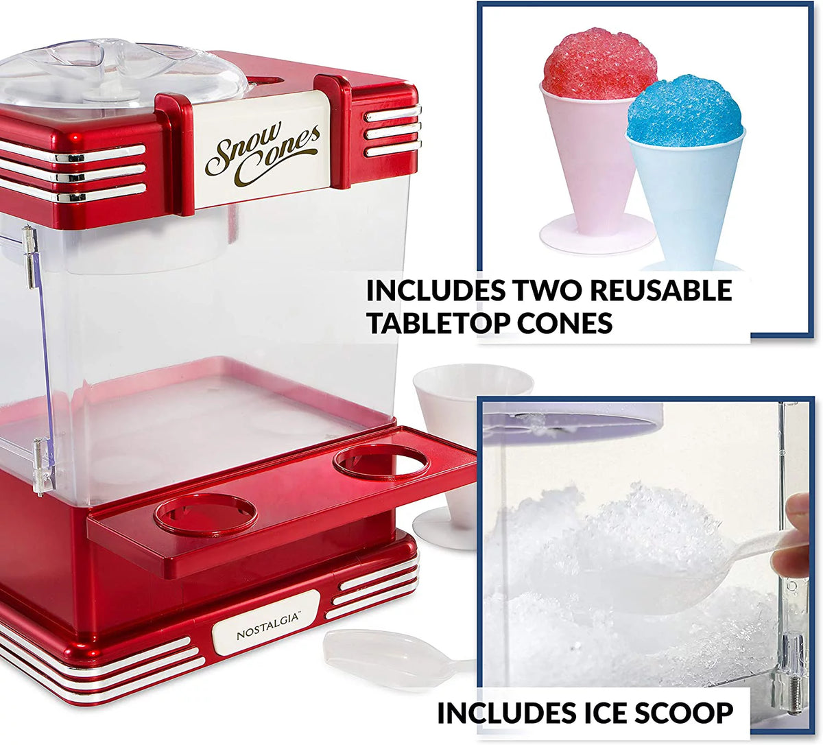 Retro Red Countertop Snow Cone Maker with 2 Reusable Plastic Cups & Ice Scoop C497415