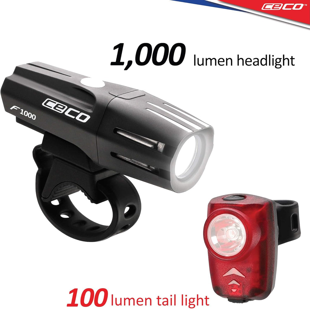 1,000 Lumen Headlight & 100 Lumen Tail Light Combo Pack, USB Rechargeable Bike Light Set, Pack of 2 E57509