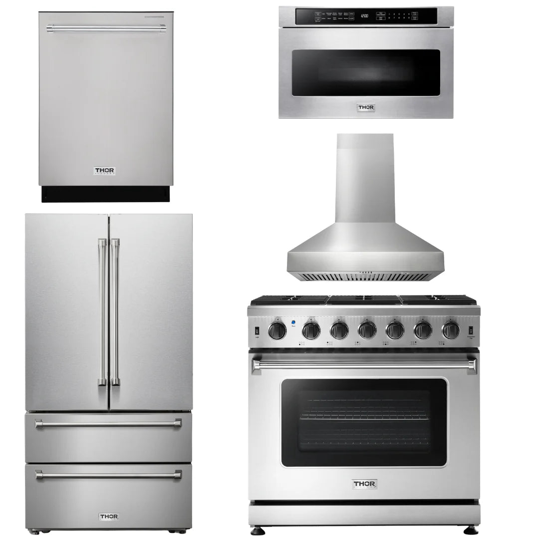 36 Propane Gas Range, Range Hood, Microwave, Refrigerator, Dishwasher C486