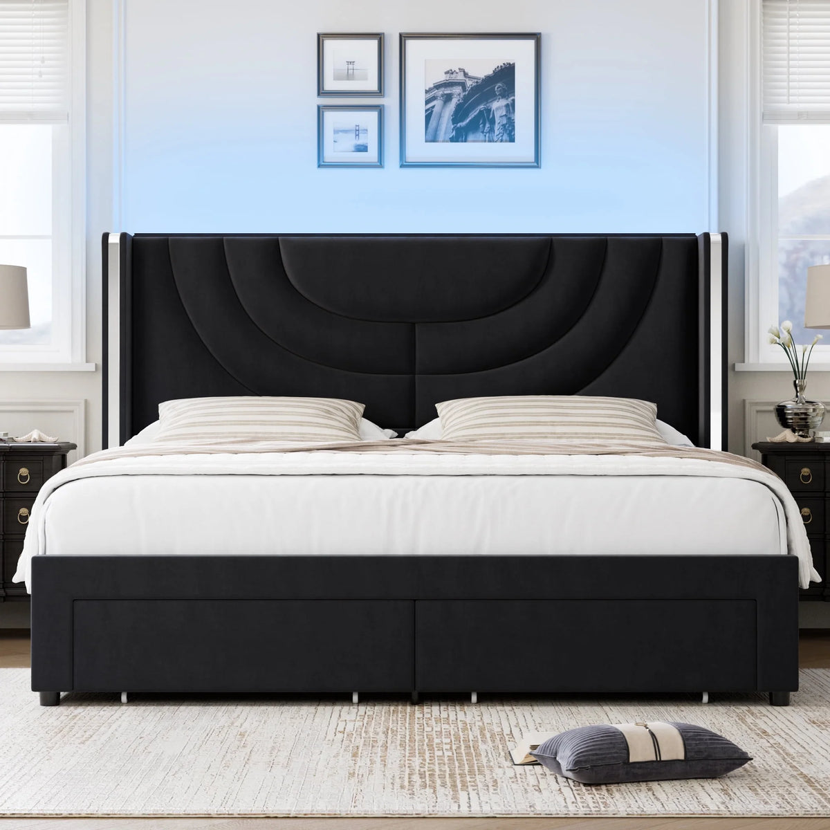 Full Size Velvet Upholstered Platform Bed Frame with 2 Drawers O860