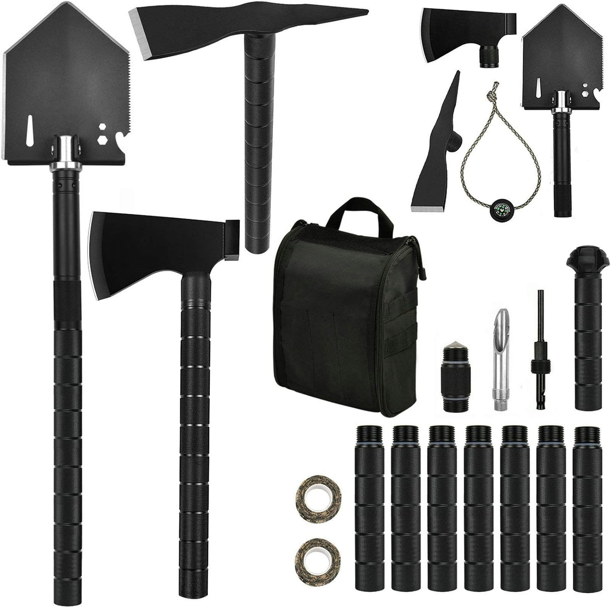 Survival Off-Roading Tool Kit Folding Shovel Camping Axe Multitool Pickaxe with Carrying Bag Black M9930