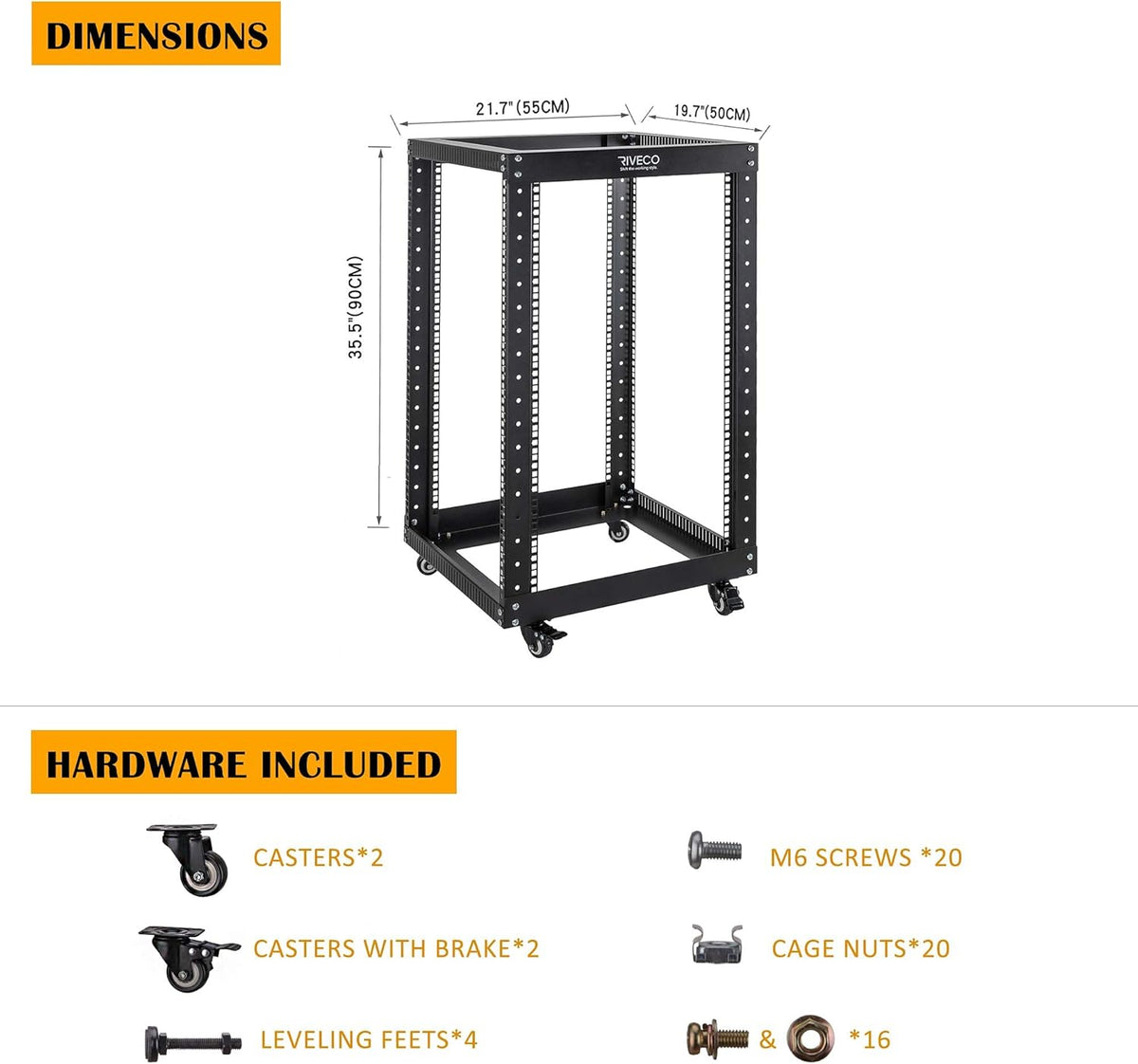 18U 4 Post Open Frame Server Rack with Brake Casters Black S131532