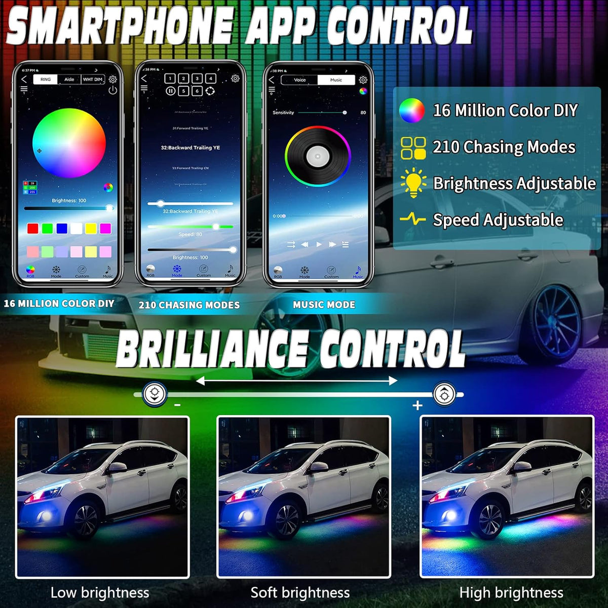 6PCS Dimmable RGB Car Underglow Lights with APP Control C228274