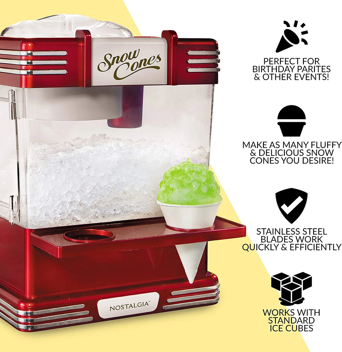 Retro Red Countertop Snow Cone Maker with 2 Reusable Plastic Cups & Ice Scoop C497415