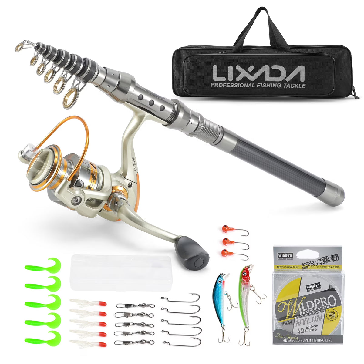 Telescopic Fishing Rod and Reel Combo with Spinning Reel, 100M Fishing Line, Lures, Hooks, and Jig Head I113189